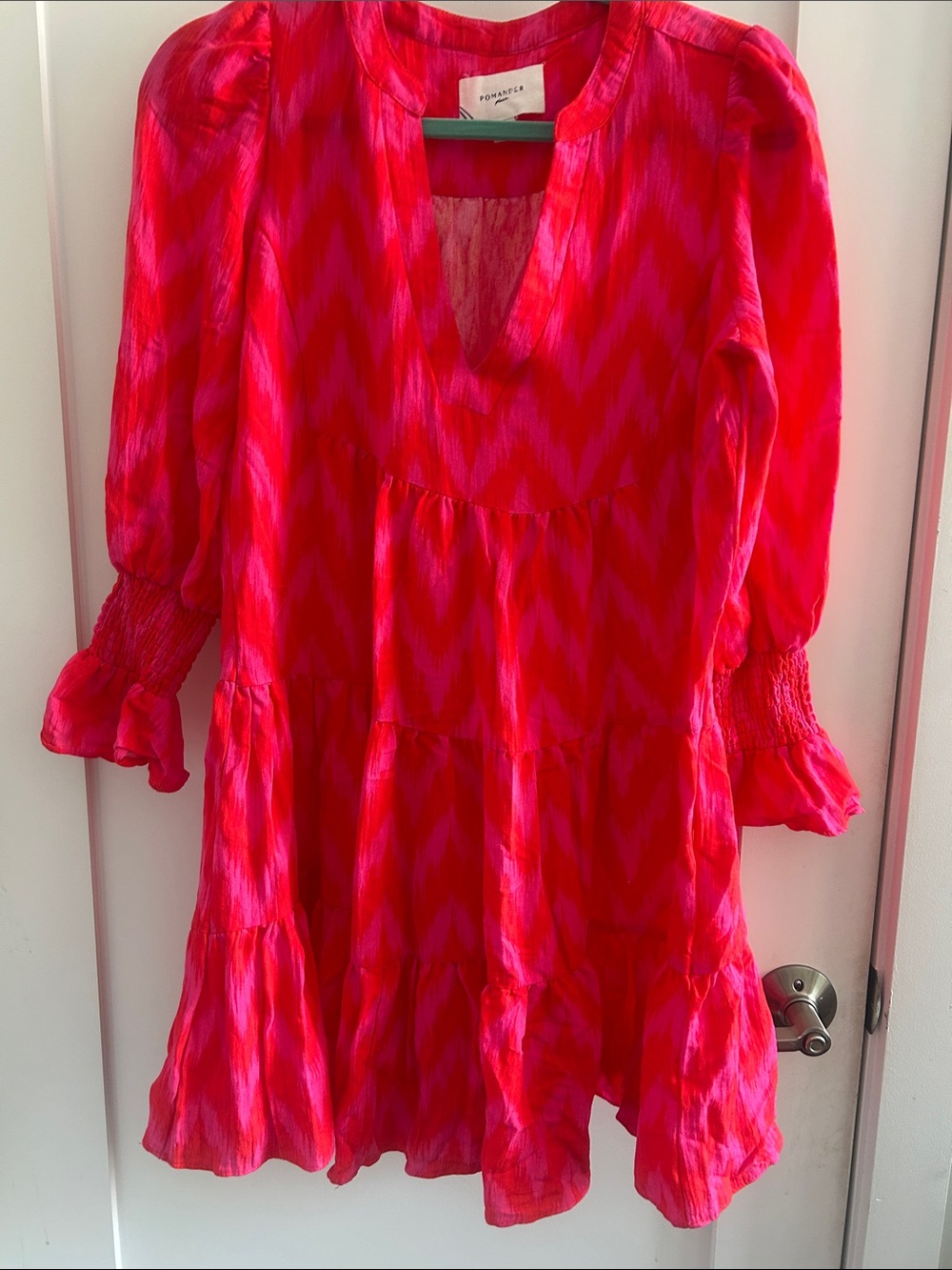 Pomander Place Hot Pink and Red Chevron Tiered Smocked-Sleeve Dress Size S